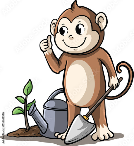 cute monkey cartoon design smiling happily planting a tree