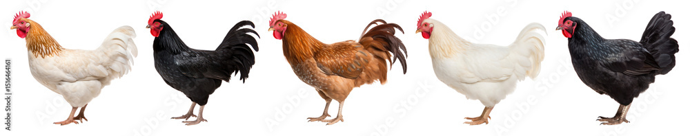 Fototapeta premium PNG Colorful chickens in a row, element set on transparent background