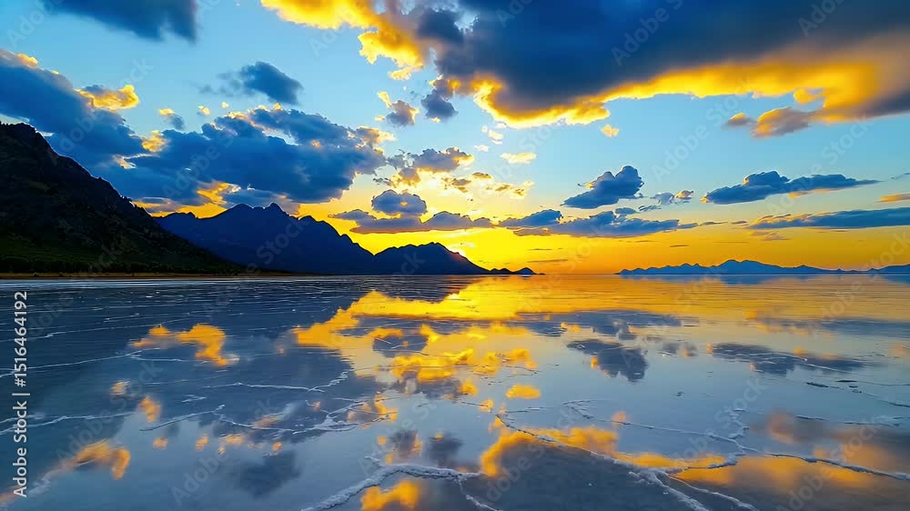 Serene Sunset Reflection Golden and Blue Hues Over Calm Water and Mountains