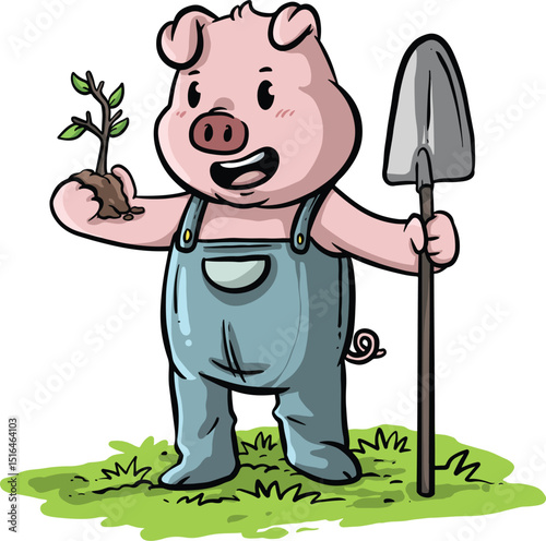 cute pig cartoon design planting a tree