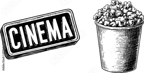 Retro cinema sign and popcorn bucket engraving for vintage design projects