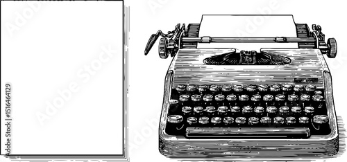 Vintage typewriter and paper illustration set for retro design projects
