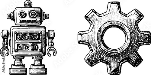 Vintage engraved illustration of robot and gear for retro design concepts