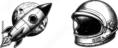 Vintage space exploration art: engraved rocket and astronaut helmet