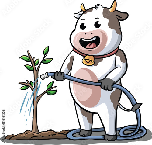 cute dairy cow cartoon design smiling happily planting a tree
