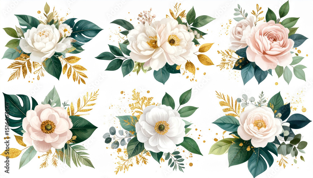 Fototapeta premium Set of isolated botanical bouquets in tropical wedding style with gold paint splashes, soft flowers.
