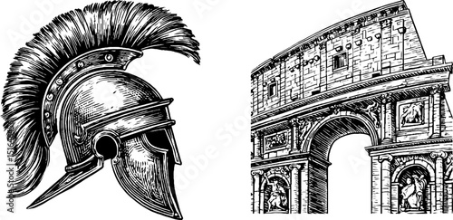 Engraved illustration collection of roman gladiator helmets and architecture for historical design