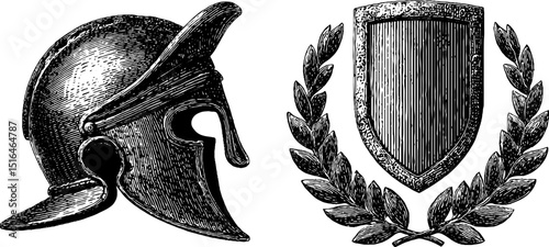 Engraved roman helmet and laurel wreath illustration for historical and artistic design