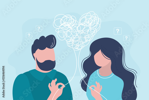 Man and woman confused in feelings, messy chaos or clot of thread in form symbolizing burnout in relationship. Couple needs help of family psychologist