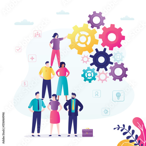 Business teamwork. Employees team build pyramid and leader connect gears. Development of new project, collaboration. Skill of cooperation with work colleagues.