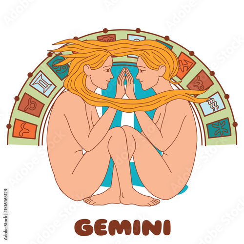 Vector zodiac illustration of Gemini. Two identical women with flowing hair sit mirrored under zodiac signs arch. Flat, colorful style for astrology, horoscope, or spiritual-themed designs