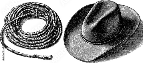 Engraved western accessories: cowboy hat and saddle illustration for rustic decor