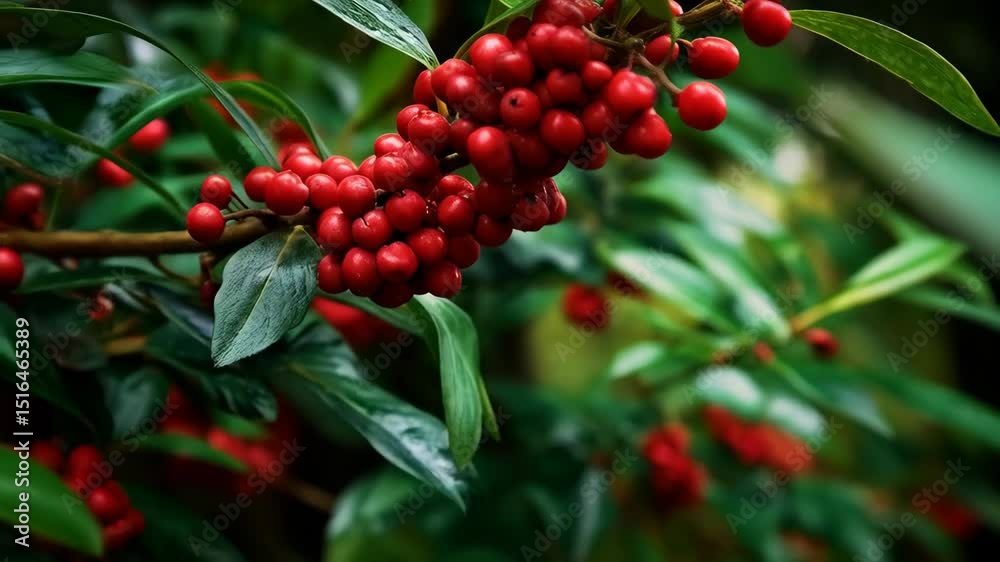 Close up view showing cluster of bright red berries with green leaves against a dark background in garden environment, nature footage. Close up view showing cluster of bright red berries with green leaves against a dark background in garden environment, nature footage.
