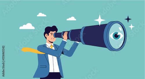 Vector illustration of a man in a blue suit looking through a large telescope with a stylized eye in its lens, symbolizing vision, focus, and strategic foresight in a clean, flat, geometric style.