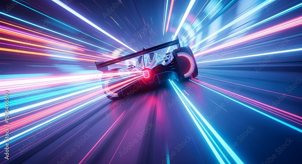 Naklejka premium Futuristic Race Car Speeding Through Neon Light Trails