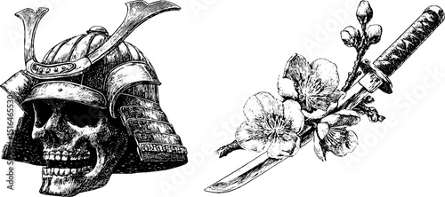 Traditional samurai helmet and katana with floral motif engraving design for artistic projects