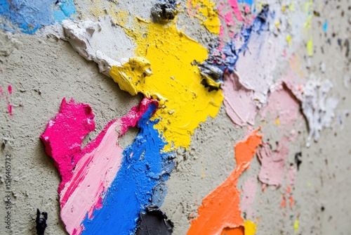 Abstract colorful paint splatters on textured wall photo
