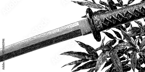 Engraved samurai sword and bamboo illustration for asian art designs