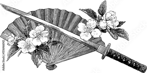 Engraved japanese samurai sword and fan with floral motif for artistic design