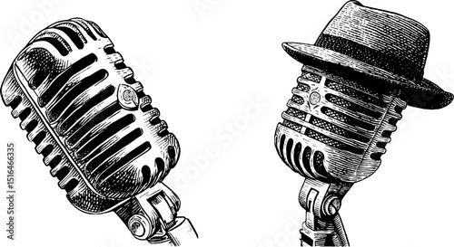 Vintage jazz music concept with engraved saxophone and microphone illustrations for creative design