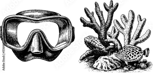 Engraved set of scuba mask and coral reef scene for marine life enthusiasts