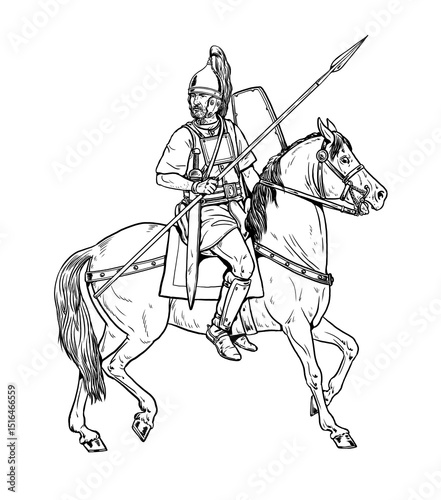 Iberian mounted warrior. Dangerous and brave enemies of the Roman Empire. Historische Zeichnung.