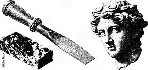 Engraved illustration of sculptor chisel and marble with classical bust