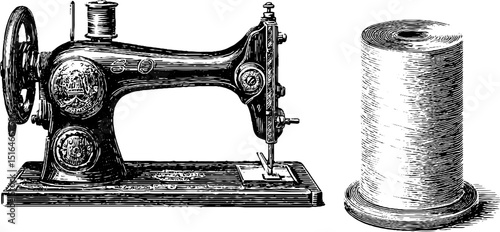 Vintage sewing machine and thread spool engraving illustration for crafting and design
