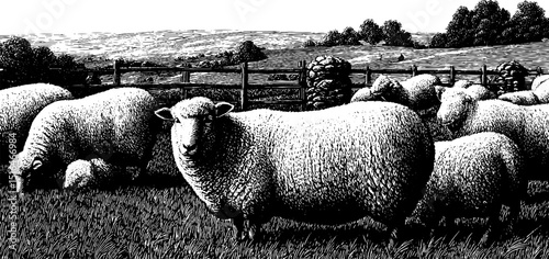 Engraved illustration of sheep herd in pastoral landscape