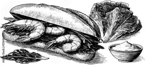 Engraved illustration of shrimp po boy sandwich with lettuce and sauce for culinary design