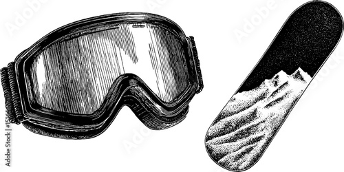Vintage ski goggles and snowboard engraving for winter sports design