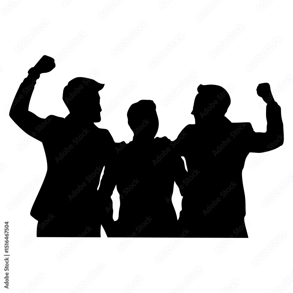 Celebrating Business Team Silhouette with Raised Fists on transparent Celebrating Business Team Silhouette with Raised Fists on transparent