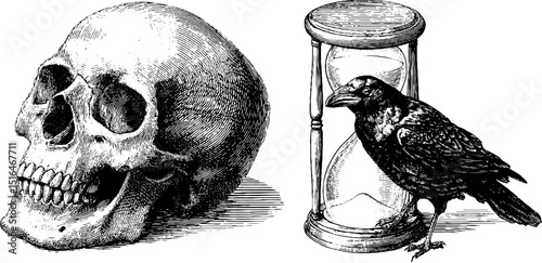 Vintage engraved skull and hourglass with raven for memento mori and time concepts