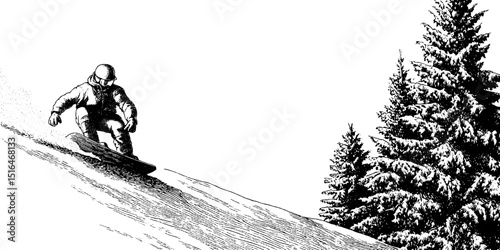 Dynamic snowboarder in winter landscape engraving for seasonal design