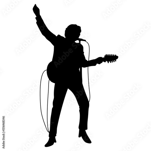 Silhouette Guitarist Singing Into Microphone with Arm Raised on Transparent