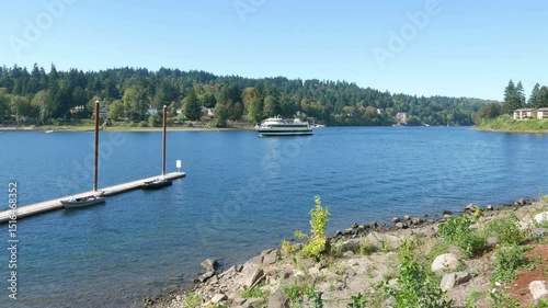 Pleasure cruise boat on the Willamette River, through Milwaukie, south of Portland, Oregon.
