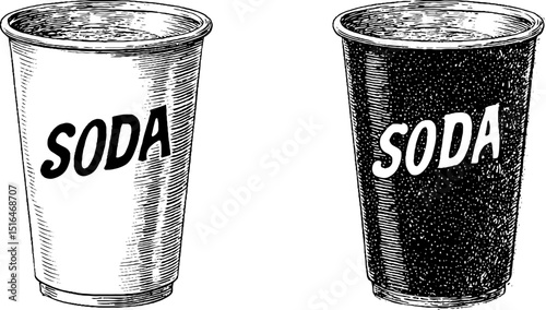 Engraved soda cup illustration set for beverage design and decor