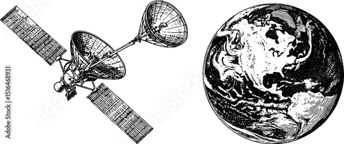 Vintage space exploration concept with engraved satellite and earth illustration