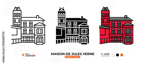 Maison de Jules Verne Line Icon, Amiens, France Landmark, Silhouette, Color Vector, Editable Stroke.