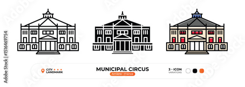 Municipal Circus Line Icon, Amiens, France Landmark, Silhouette, Color Vector, Editable Stroke.