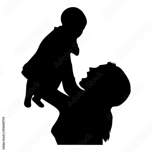 Black Silhouette of Parent Holding Baby Upward Against Transparent Background