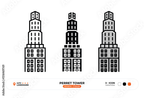 Perret Tower Line Icon, Amiens, France Landmark, Silhouette, Color Vector, Editable Stroke.