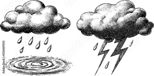 Engraved illustration set of stormy clouds with rain and lightning for weather designs