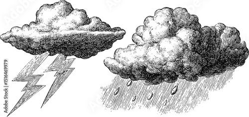 Engraved illustrations of stormy clouds and lightning for weather design