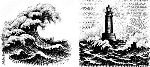 Dramatic engraving of stormy sea and lighthouse amidst crashing waves