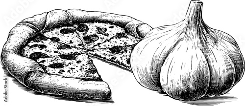 Classic stuffed crust pizza and garlic bulb engraving for culinary art design