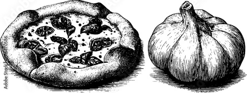 Engraved illustration of stuffed crust pizza and garlic for culinary design and print