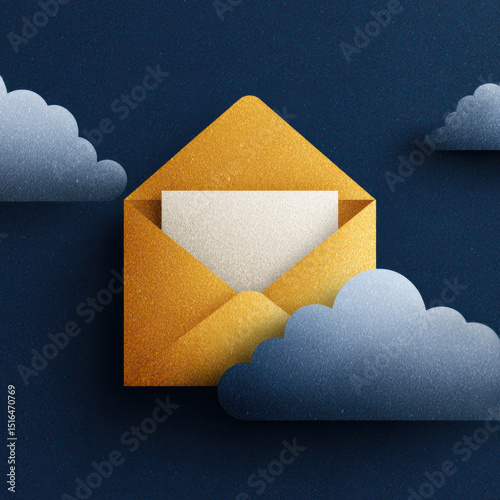 Stylized golden envelope amidst fluffy clouds on a deep blue background.