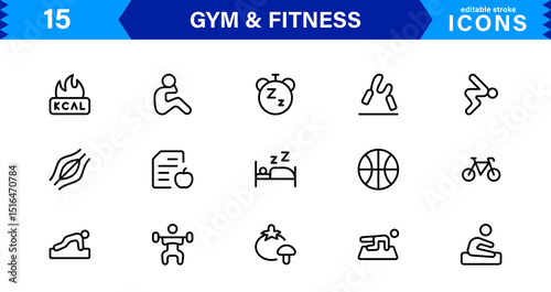 Modern Gym and Fitness Icons Showcasing Dumbbells, Muscles, Routines, Bodybuilding, and Active Lifestyle in an SEO-Optimized Vector Format