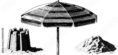 Vintage summer beach illustration featuring umbrella sand castle and sun